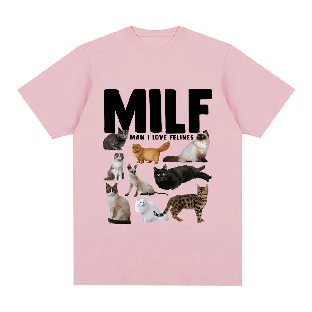 Geometric pattern cat lover graphic on a short sleeve cotton T-shirt, shown in multiple colours.