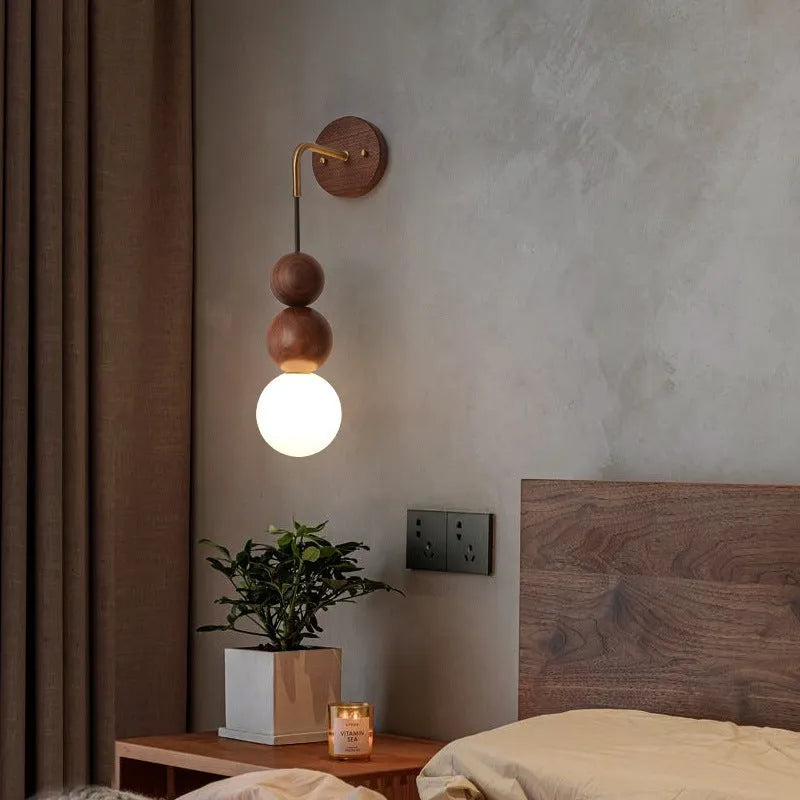 Cylindrical wood and copper wall lamp with tricolour light, 50cm tall.