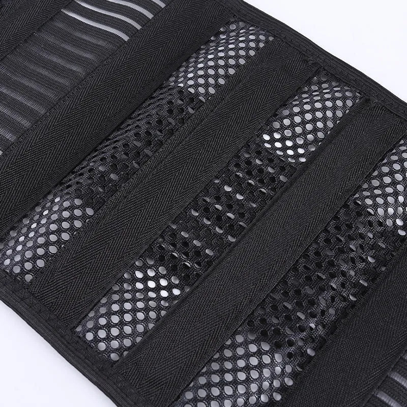 Black sports waist support belt with steel plate for lumbar decompression during fitness and sports.