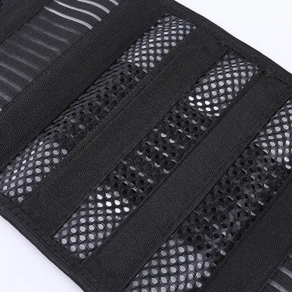 Black sports waist support belt with steel plate for lumbar decompression during fitness and sports.