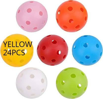 Multi-colour golf practice balls in red, orange, blue, green, white, and yellow, 42mm diameter, packed in a net pocket