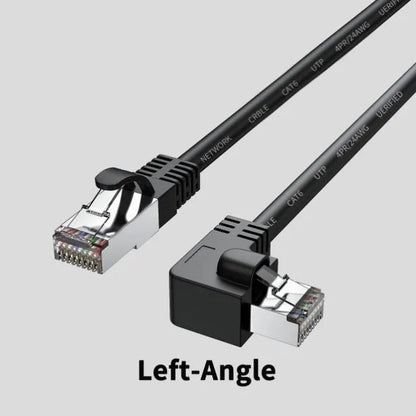 Black Cat6 Ethernet cable with a right-angled metal RJ45 connector, showing the 90-degree bend and cable length.