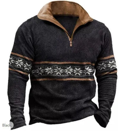 Man wearing a loose-fit long sleeve polo shirt with retro colour printing and a zip detail on the chest.