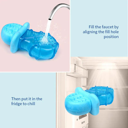 Three plastic dog toys: a blue pacifier, a red popsicle and an orange ring, designed to be filled with water and frozen.