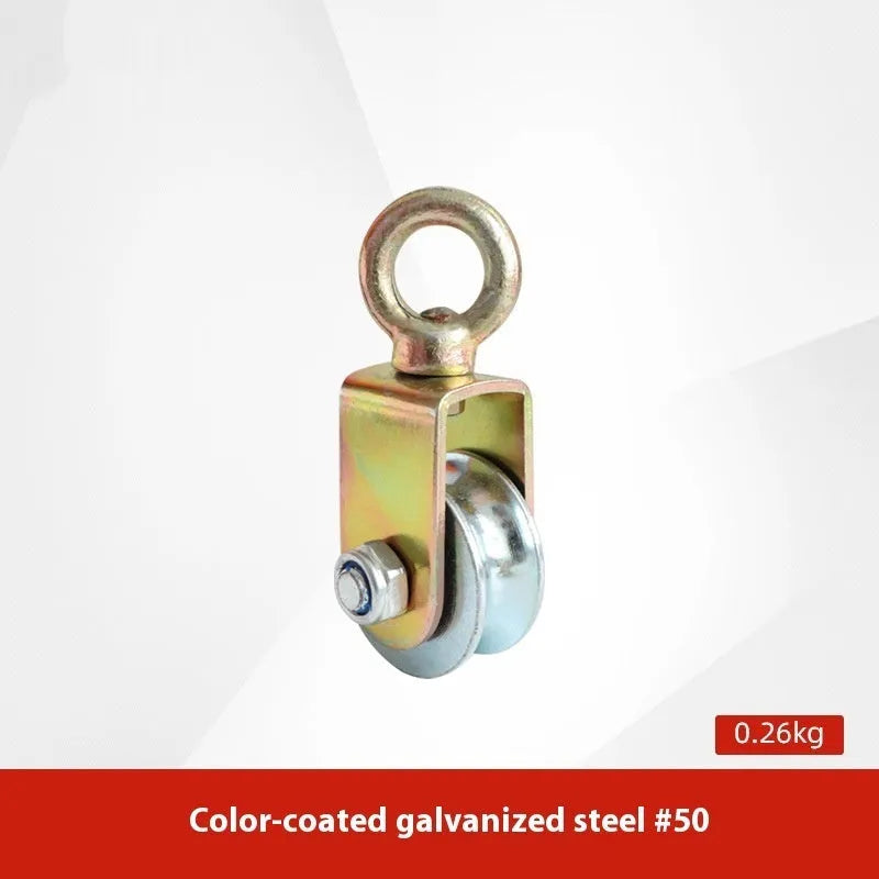 Red lifting pulley with safety latch, forged from A3 steel for industrial use with up to 5000kg load capacity.