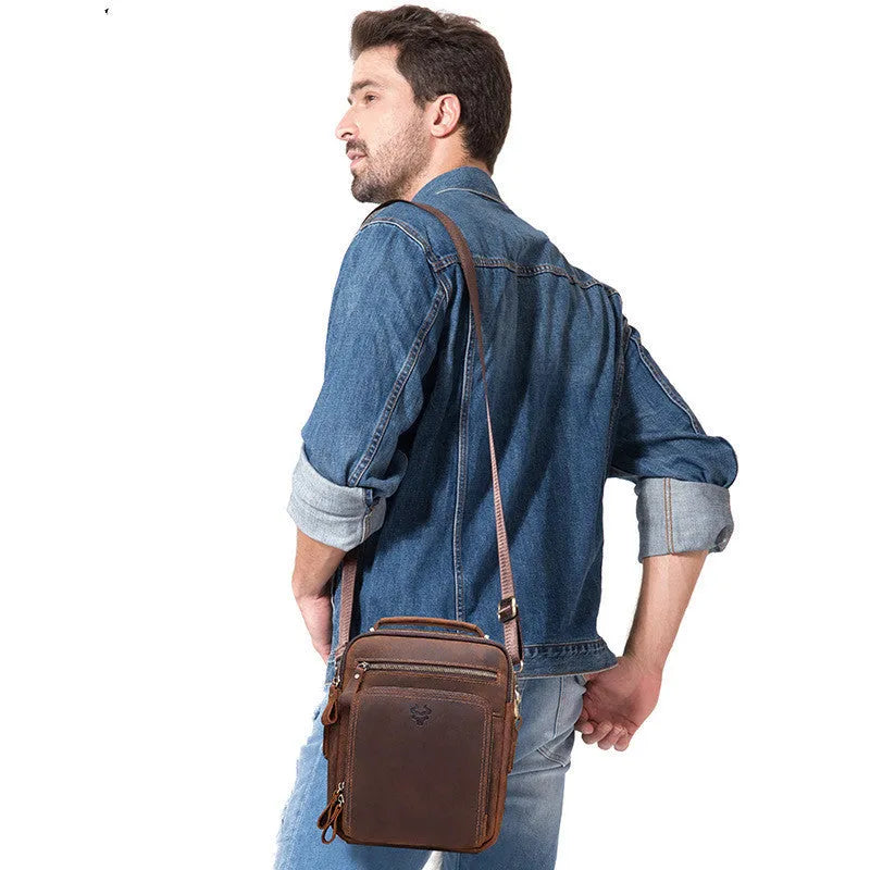 Men's brown crazy horse leather single-shoulder crossbody bag with visible stitching.