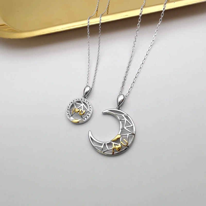 Sun Moon Tooth Couple Necklace with electroplated copper pendant and cross chain design, featuring separate sun and moon symbols for men and women in a net red wind style