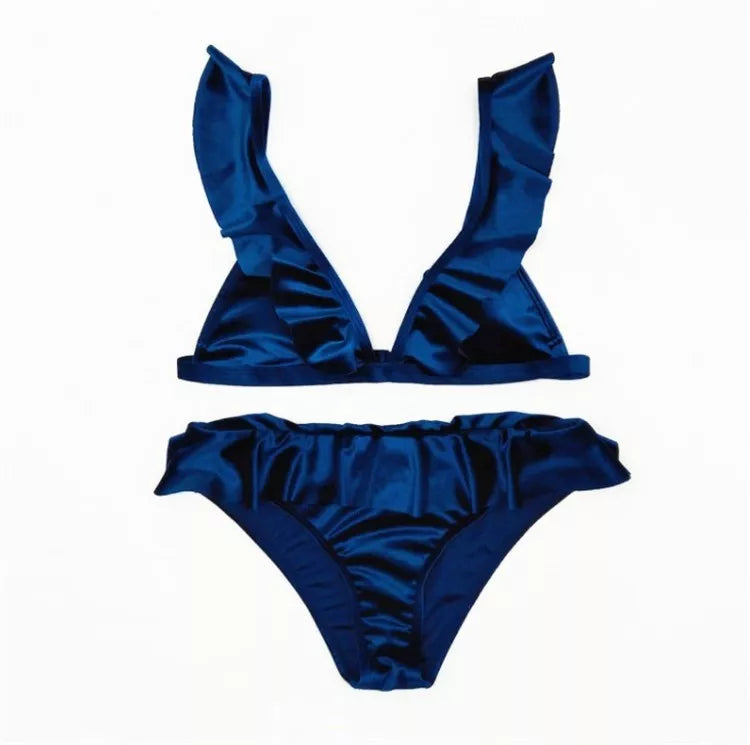 Women's Ice Velvet Ruffle Bikini Set in vibrant colors with comfortable chest pad
