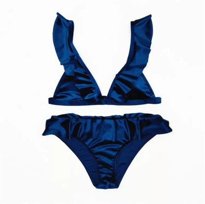 Women's Ice Velvet Ruffle Bikini Set in vibrant colors with comfortable chest pad