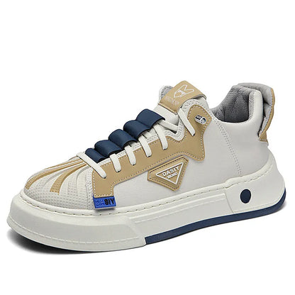 Men's beige low-top sneakers with elastic band closure and leather stitching on microfiber upper