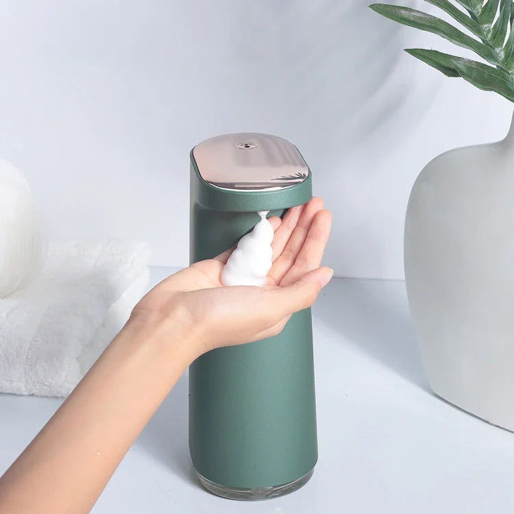 Automatic foam soap dispenser with infrared sensor for contactless, hygienic hand washing in bathroom and kitchen