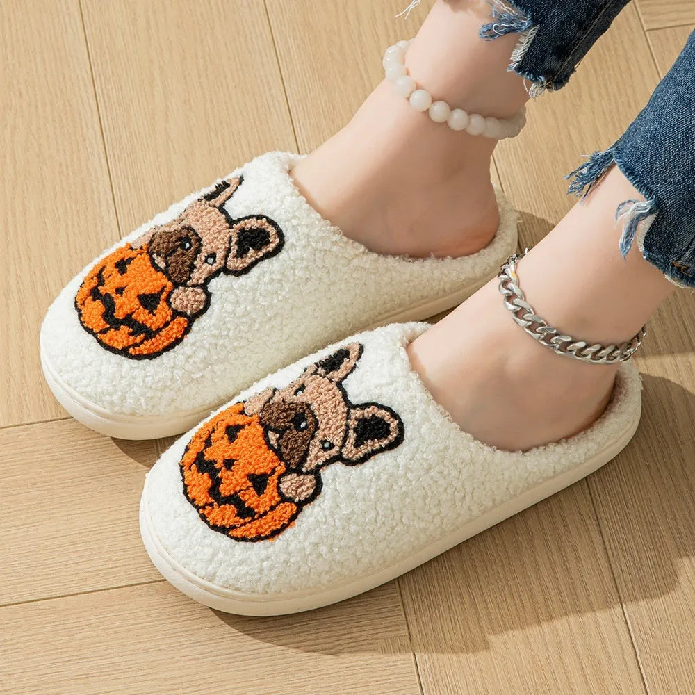 Halloween pumpkin house pattern slippers with non-slip rubber soles in black and white colour options