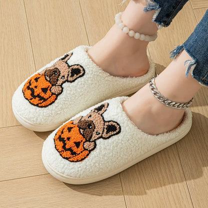 Halloween pumpkin house pattern slippers with non-slip rubber soles in black and white colour options