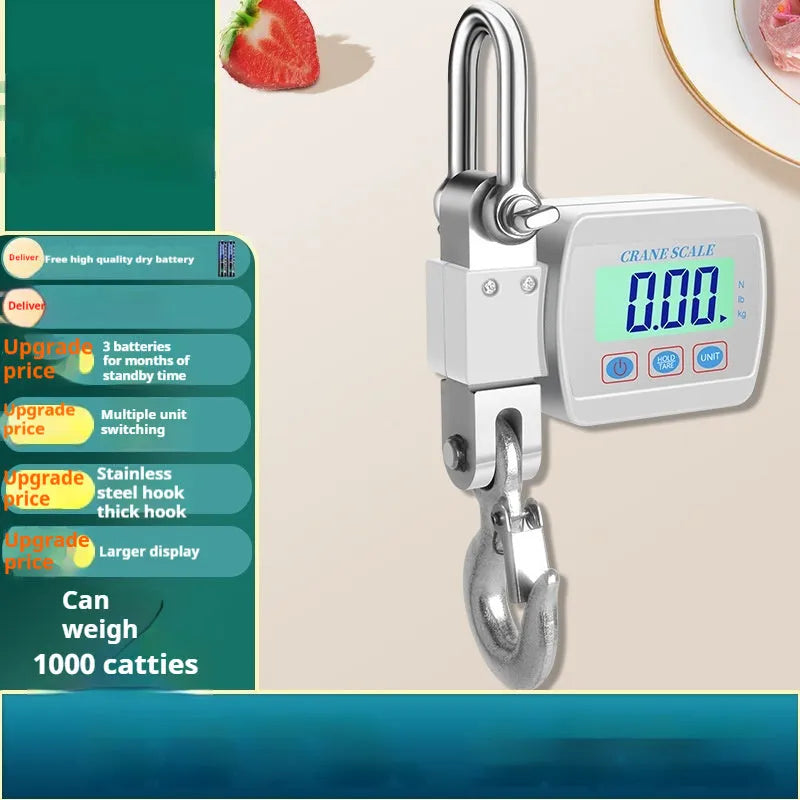 Blue electronic digital hook scale displaying weight, with hook for weighing items.