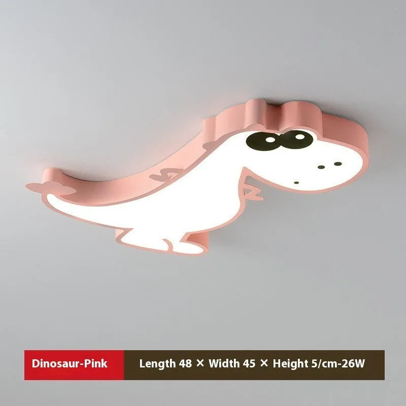 Cartoon dinosaur children's bedroom ceiling light with pink or green shade and aluminium body
