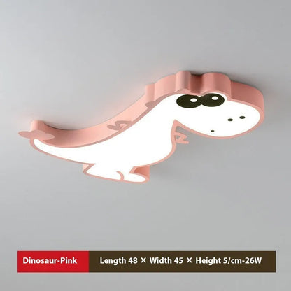 Cartoon dinosaur children's bedroom ceiling light with pink or green shade and aluminium body