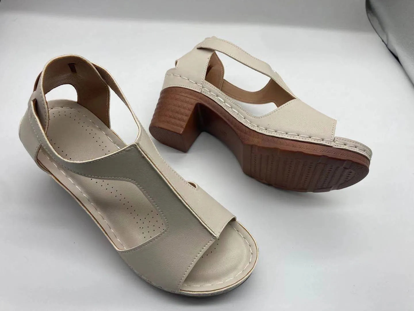 Plus size women's peep toe wedge sandals with adjustable buckle strap in light brown colour