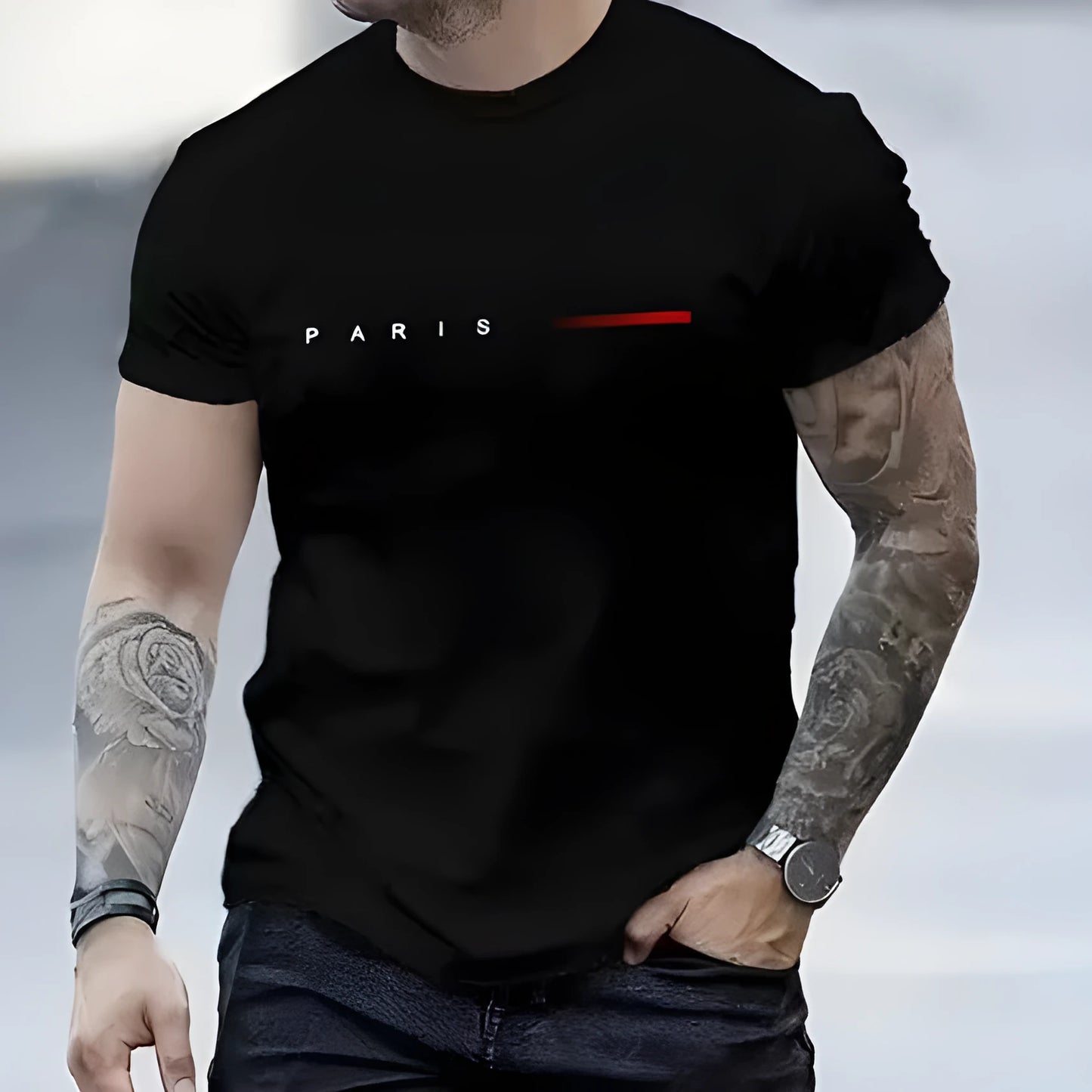 Men's slim-fit 3D printed graphic T-shirt on a hanger showing short sleeves.