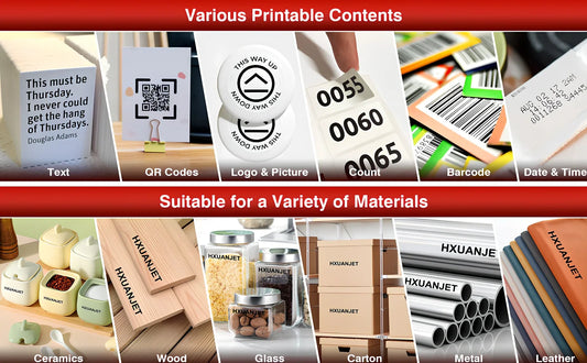 Black handheld code-spraying machine with 4.3-inch touch screen displaying marking interface