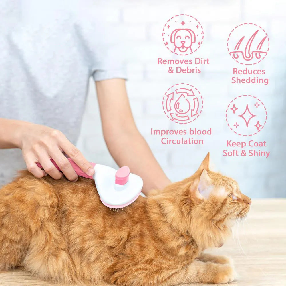 Blue cat brush with release button and fine wire bristles for grooming pets