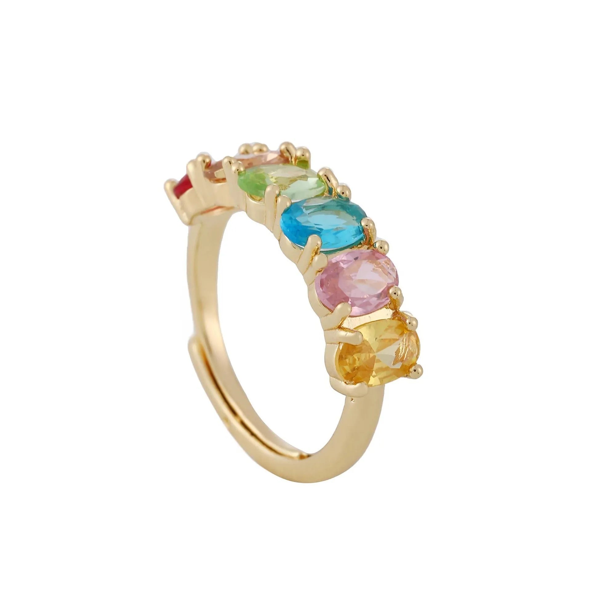 Gold electroplated adjustable open band zircon ring on white background