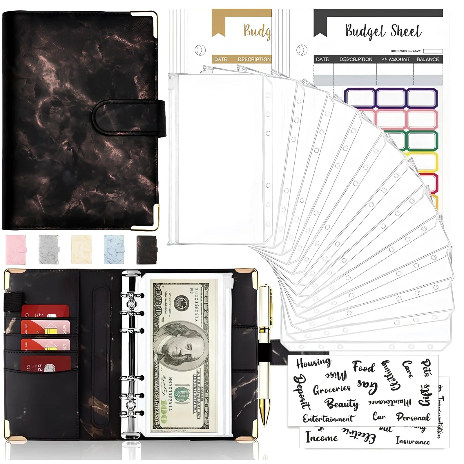 A6 leather PU binder journal open showing colour budget sheets and zip pockets with spiral binding