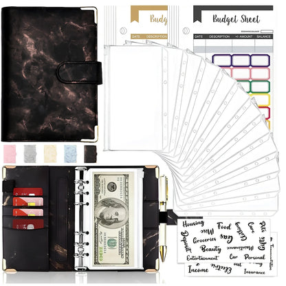 A6 leather PU binder journal open showing colour budget sheets and zip pockets with spiral binding