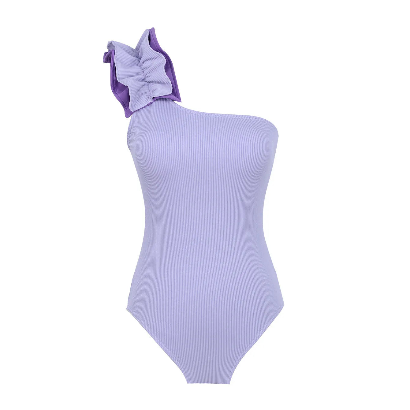 A woman's solid colour one-piece swimsuit with a single-shoulder suspender tube top design.