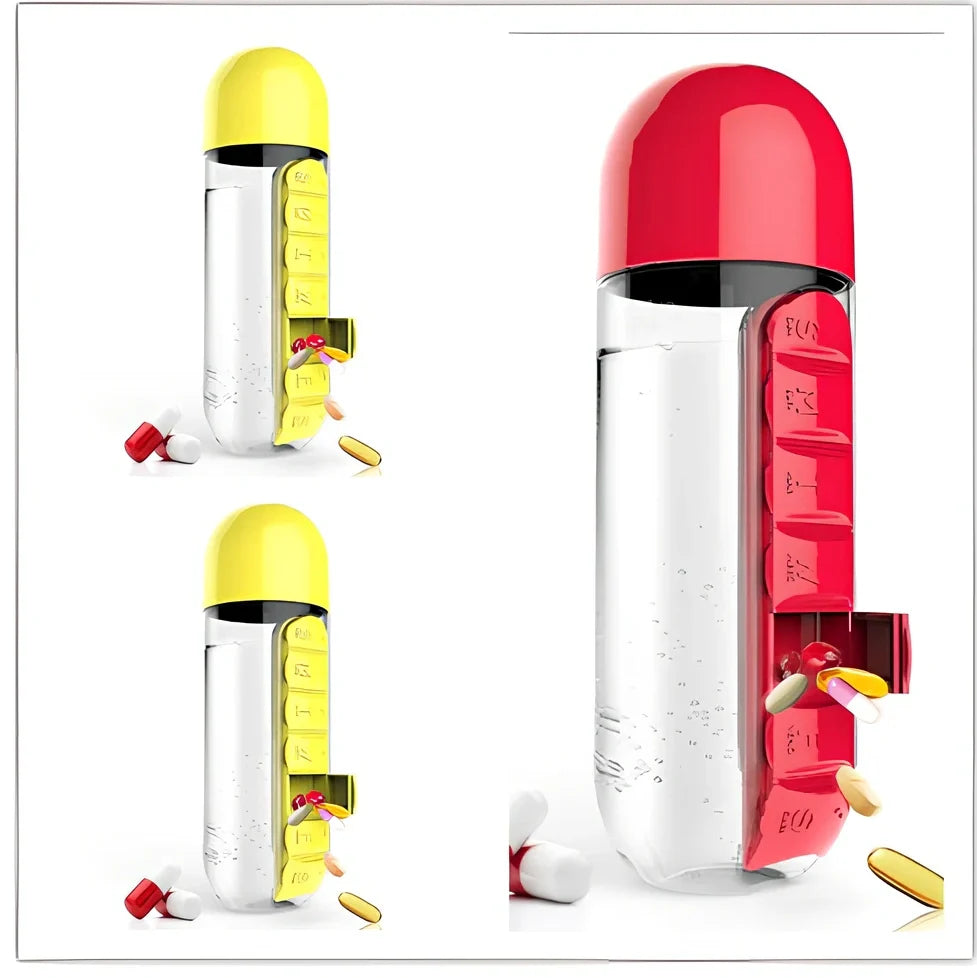 Two-in-one water cup with attached 7-day pill organiser showing daily compartments and screw-top lid