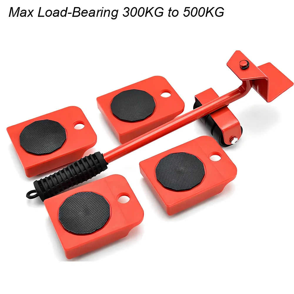 Furniture moving carrier set with black iron crowbar and four pad wheels with anti-skid surfaces