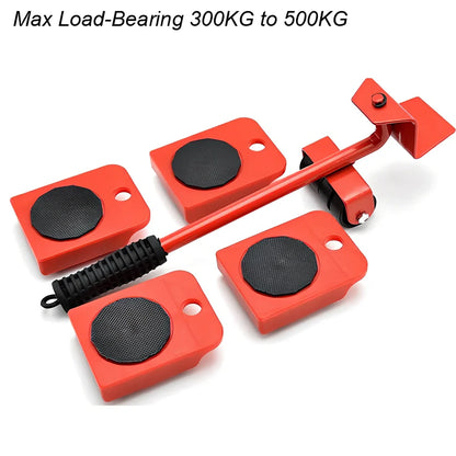 Furniture moving carrier set with black iron crowbar and four pad wheels with anti-skid surfaces