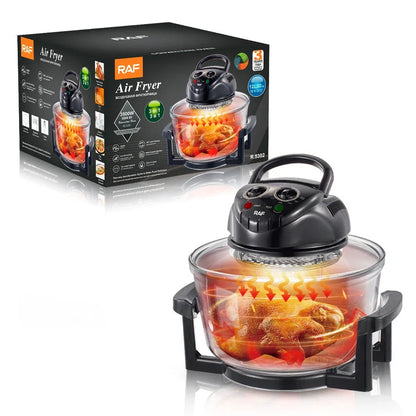 Black home air fryer with touch controls and visual window for monitoring cooking progress