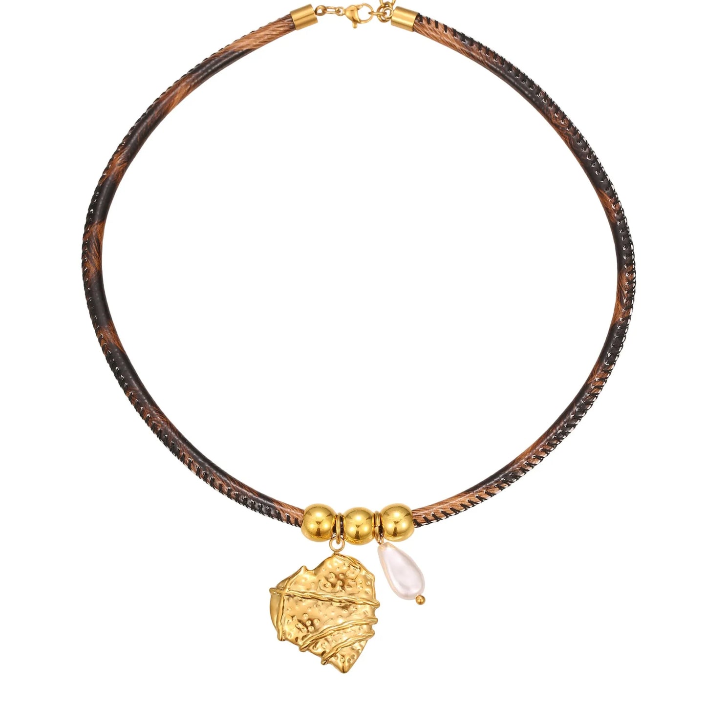 Geometric leopard print pendant on a stainless steel chain necklace for women.