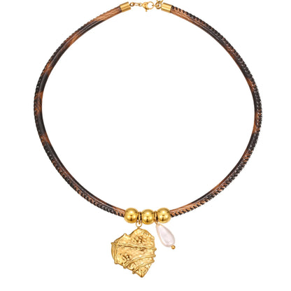 Geometric leopard print pendant on a stainless steel chain necklace for women.