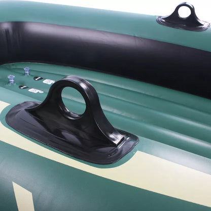 Small green PVC inflatable boat for fishing and rafting, durable and lightweight