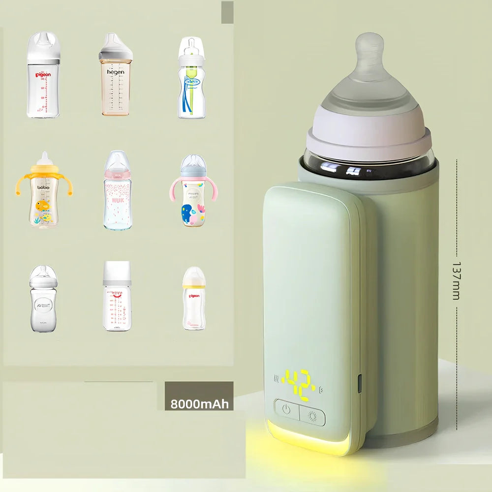 White digital display portable milk warmer with USB charger showing compact 85mm length design