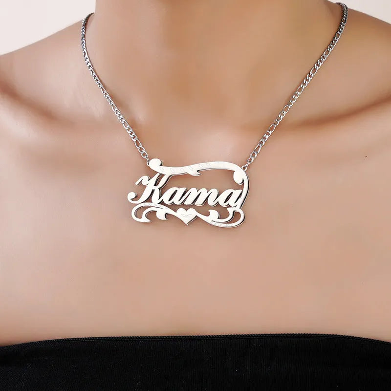Custom name necklace with double-layer wave heart pendant in gold or silver stainless steel