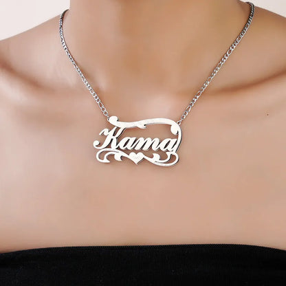 Custom name necklace with double-layer wave heart pendant in gold or silver stainless steel