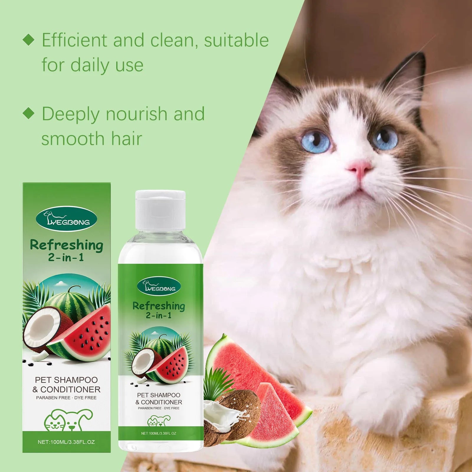 100ml pet shampoo bottle measuring 3.8cm by 12.8cm with 2-in-1 formula containing watermelon and coconut extracts