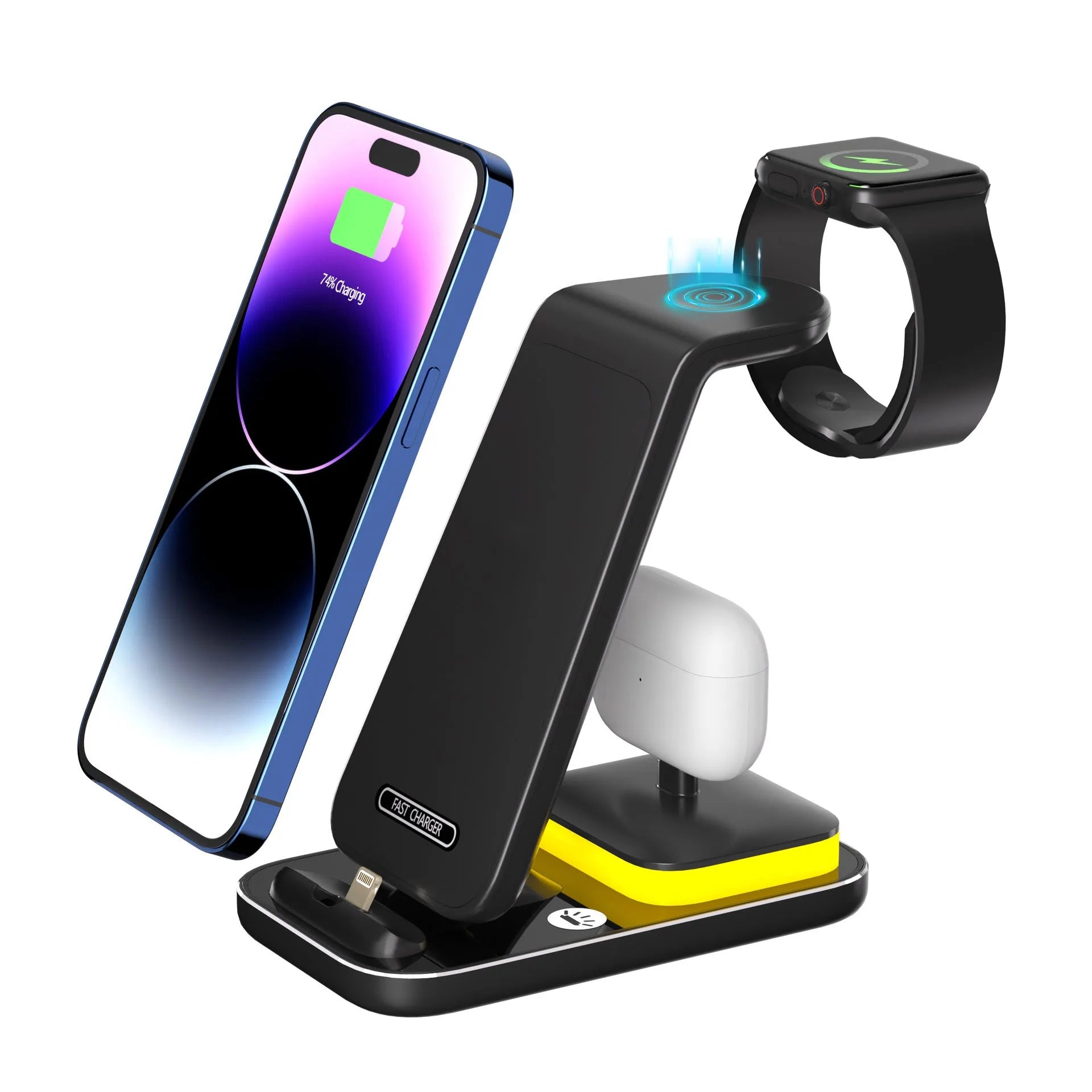 Black vertical wireless charger with phone, smartwatch and earbuds charging simultaneously