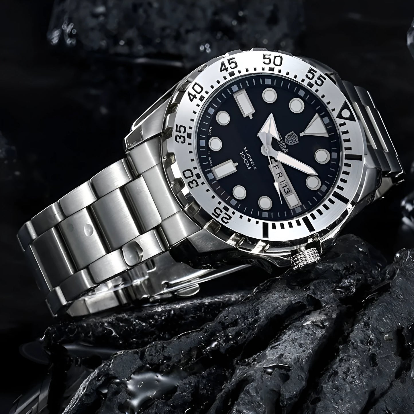 Men's waterproof luminous sports watch showing blue dial with steel strap option