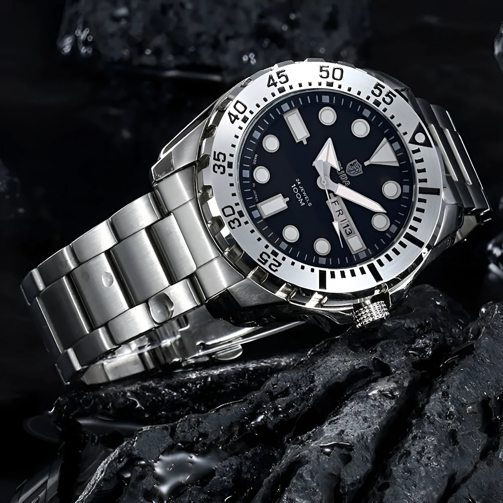Men's waterproof luminous sports watch showing blue dial with steel strap option