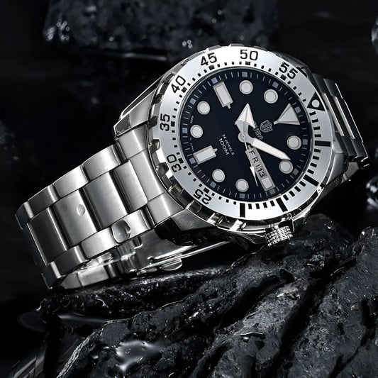 Men's waterproof luminous sports watch showing blue dial with steel strap option