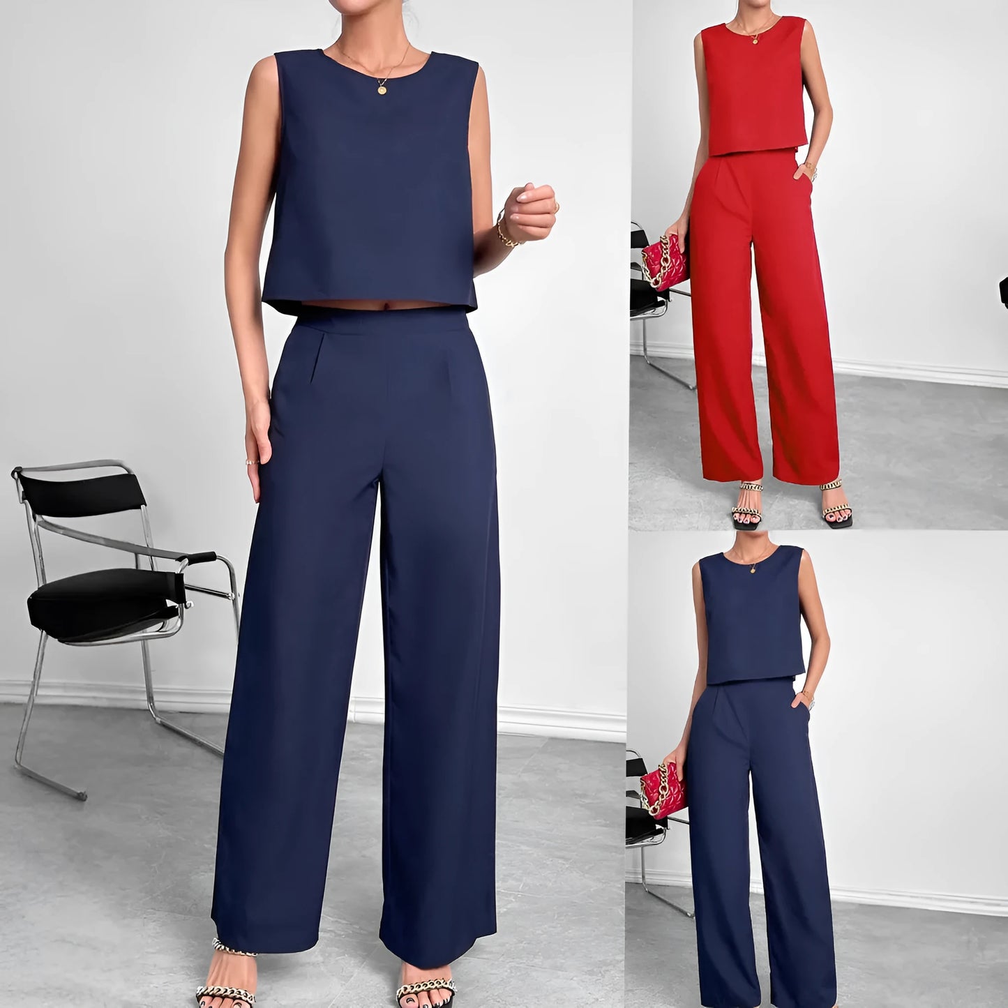 Red or navy blue sleeveless top and wide leg trousers two-piece set in 100% polyester fabric