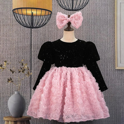 Piano performance dress in princess style with Bohemian elements, available in short and long sleeve versions