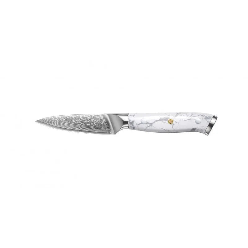 Damascus-patterned chef's knife with 21cm VG10 steel blade and ergonomic handle on a wooden cutting board.