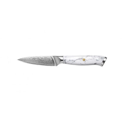 Damascus pattern chef's knife with Pakkawood handle on a wooden cutting board, blade length 21cm.