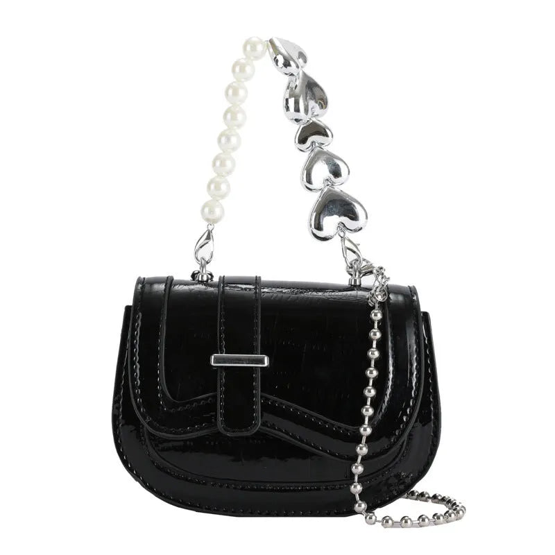 Laser Pearl Tote Saddle Girl Mini crossbody bag in black with sandwich pocket design and adjustable strap