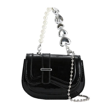 Laser Pearl Tote Saddle Girl Mini crossbody bag in black with sandwich pocket design and adjustable strap