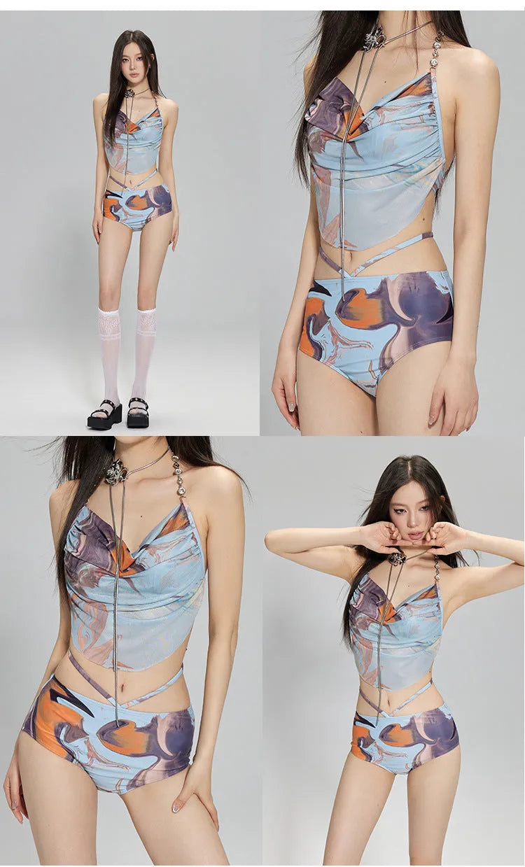 Women's blue print bikini set with triangle top, pants, and skirt, showing steel support structure.